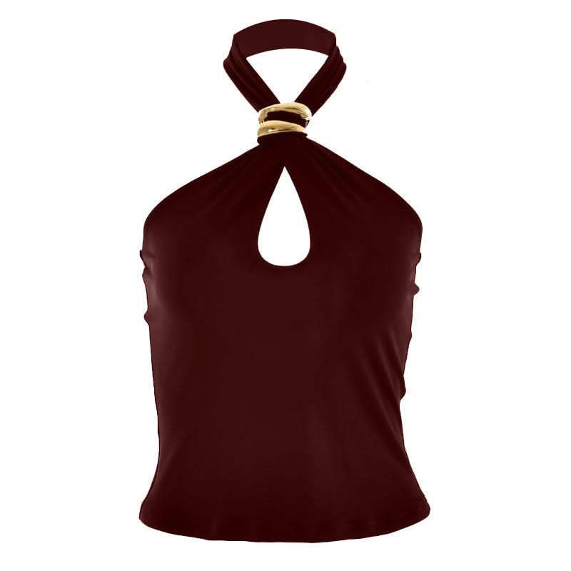 Edgy Black Halter Top with Gold Ring & Keyhole Cutout | Fall Party & Date Night Style