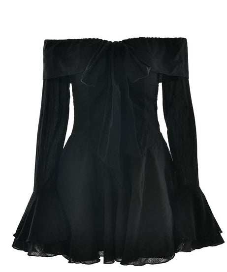 Bewitching Black Off-Shoulder Mini Dress | Bow Detail & Flared Ruffle Sleeves for Fall Parties & Halloween
