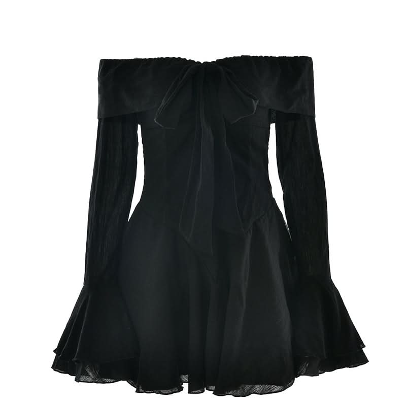 Bewitching Black Off-Shoulder Mini Dress | Bow Detail & Flared Ruffle Sleeves for Fall Parties & Halloween