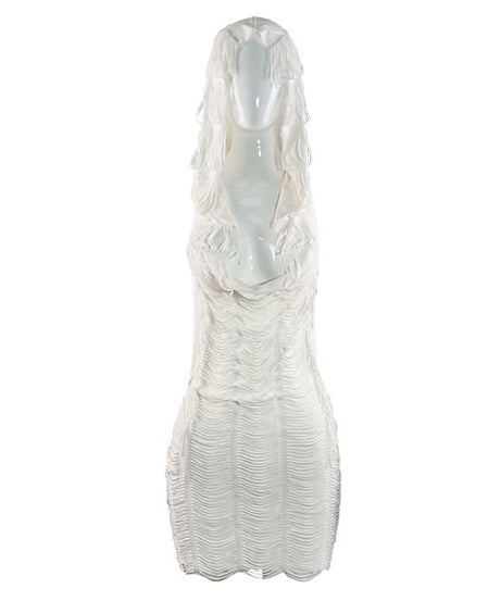 Holiday Gala White Sculptural Halter Maxi Dress - Backless & Textured