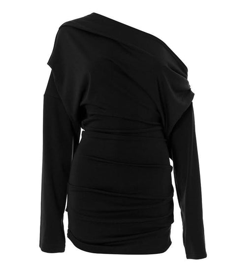 Fall Glamour: Mocha Ruched One-Shoulder Mini Dress - Long Sleeve Bodycon