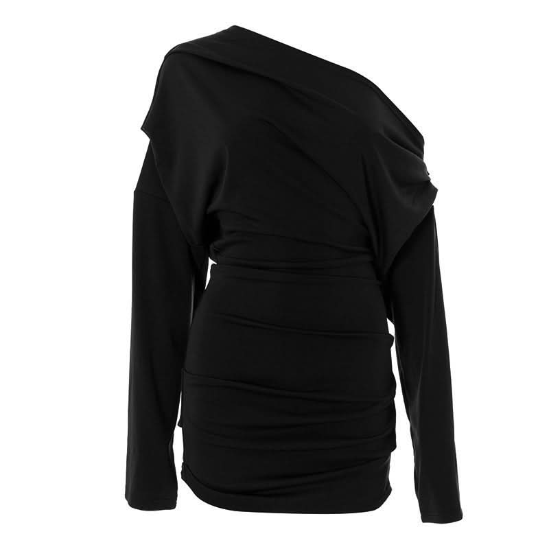Fall Glamour: Mocha Ruched One-Shoulder Mini Dress - Long Sleeve Bodycon