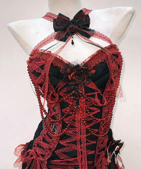 Enchanting Blood Red & Black Gothic Corset Top - Halloween & Fall Party Glamour