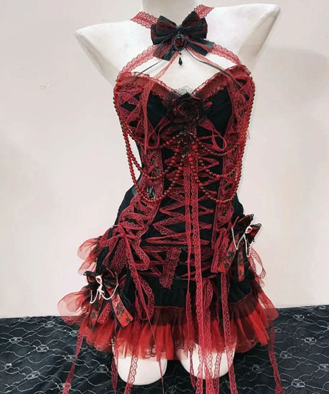 Enchanting Blood Red & Black Gothic Corset Top - Halloween & Fall Party Glamour