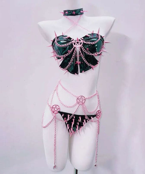 Pink Spiked Pentagram Lingerie Set - Patent Leather Halloween Rave Clubwear