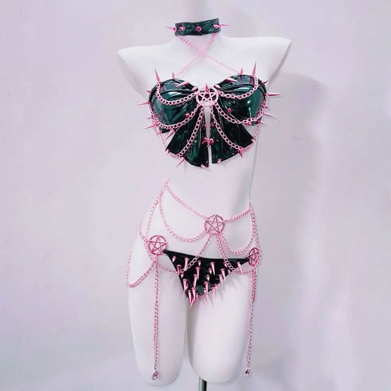 Pink Spiked Pentagram Lingerie Set - Patent Leather Halloween Rave Clubwear