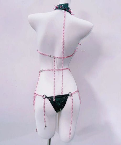 Pink Spiked Pentagram Lingerie Set - Patent Leather Halloween Rave Clubwear