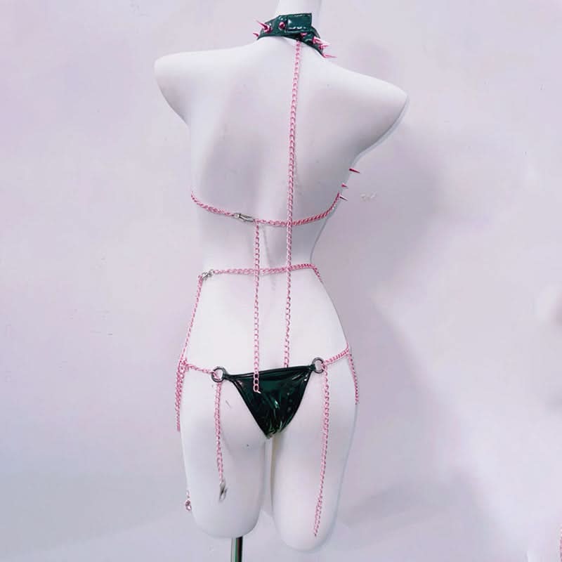 Pink Spiked Pentagram Lingerie Set - Patent Leather Halloween Rave Clubwear