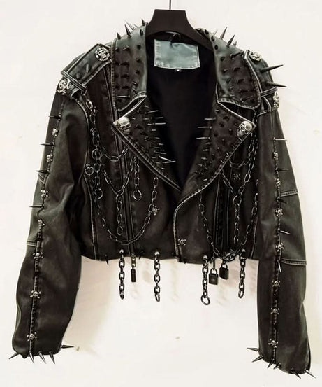 Unleash Your Inner Rebel: Spiked & Chained Skull Faux Leather Jacket - Your Ultimate Fall & Halloween Statement