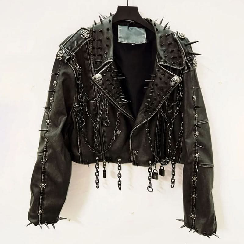 Unleash Your Inner Rebel: Spiked & Chained Skull Faux Leather Jacket - Your Ultimate Fall & Halloween Statement