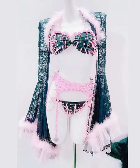 Spiked Siren: Pink Fur & Lace Lingerie Set with Robe - Your Ultimate Halloween & Rave Statement