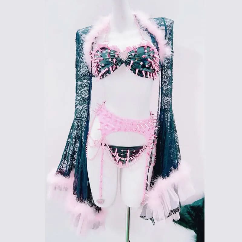 Spiked Siren: Pink Fur & Lace Lingerie Set with Robe - Your Ultimate Halloween & Rave Statement