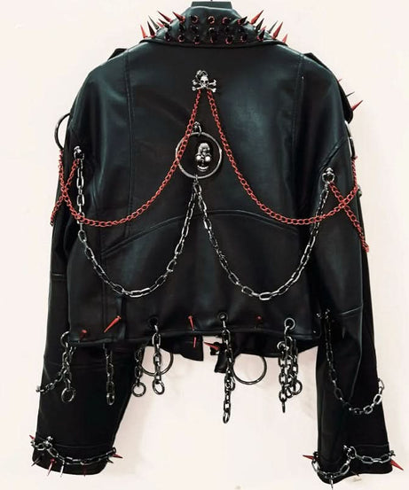 Unleash Your Edge: Women's Spiked & Chained Skull PU Leather Jacket - Halloween & Fall Goth Punk Statement