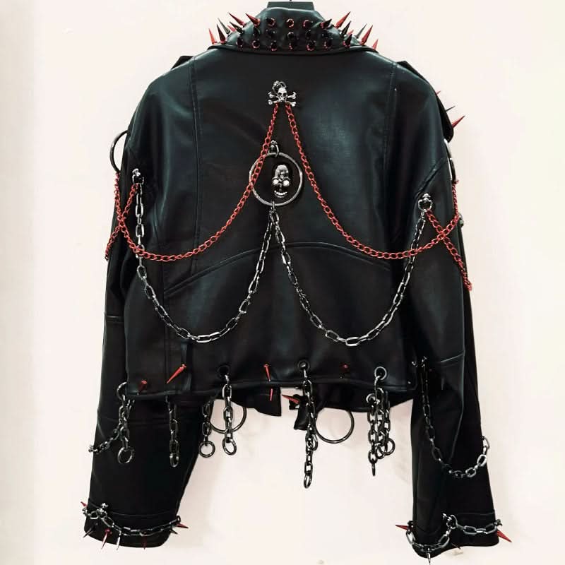 Unleash Your Edge: Women's Spiked & Chained Skull PU Leather Jacket - Halloween & Fall Goth Punk Statement