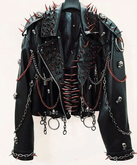 Unleash Your Edge: Women's Spiked & Chained Skull PU Leather Jacket - Halloween & Fall Goth Punk Statement