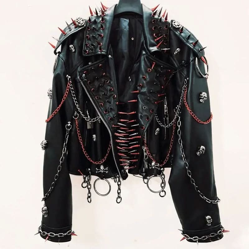 Unleash Your Edge: Women's Spiked & Chained Skull PU Leather Jacket - Halloween & Fall Goth Punk Statement