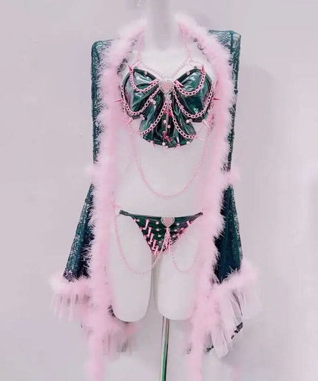 Glamour Goth Emerald & Pink Feather & Spike Duster Set - Halloween, Rave & Party Ready