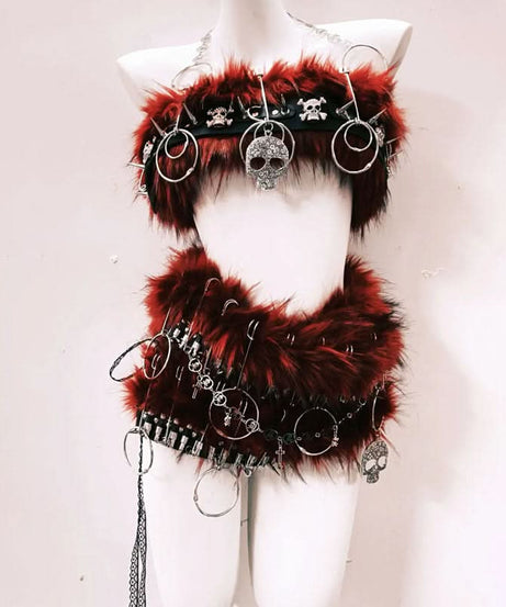 Fierce Faux Fur & Skull 'Dusk' Two-Piece Set: Edgy Halloween & Rave Ready for Women