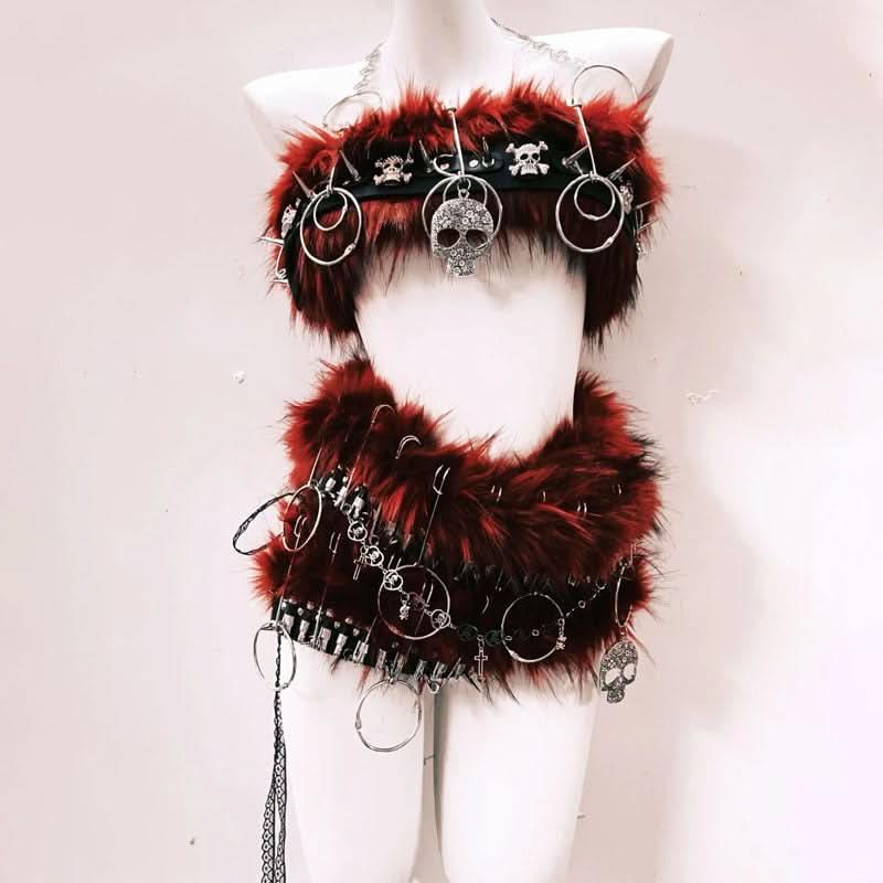 Fierce Faux Fur & Skull 'Dusk' Two-Piece Set: Edgy Halloween & Rave Ready for Women