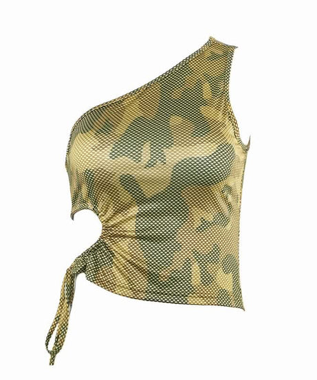 Edgy Fall Style: Camo Mesh One-Shoulder Cut-Out Crop Top with Adjustable Tie-Side
