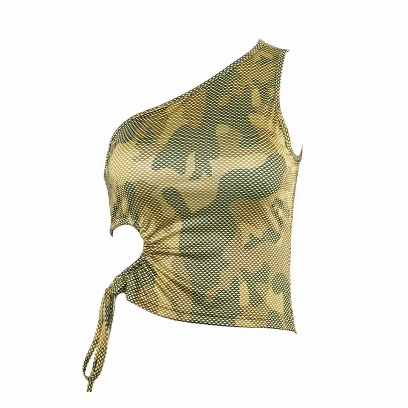 Edgy Fall Style: Camo Mesh One-Shoulder Cut-Out Crop Top with Adjustable Tie-Side