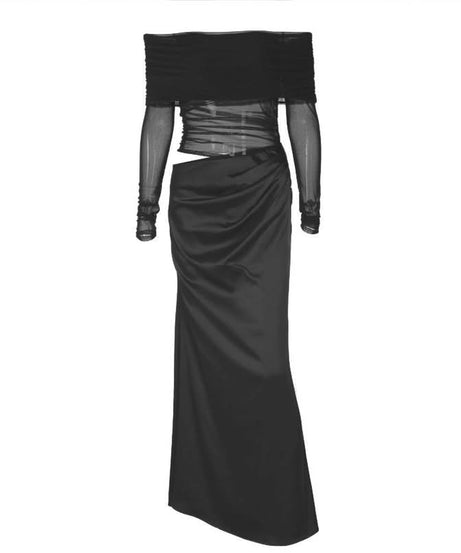 Head-Turning Red Gala Gown: Sheer Mesh Off-Shoulder & Draped Satin Cut-Out Maxi for Fall & Holiday Glam