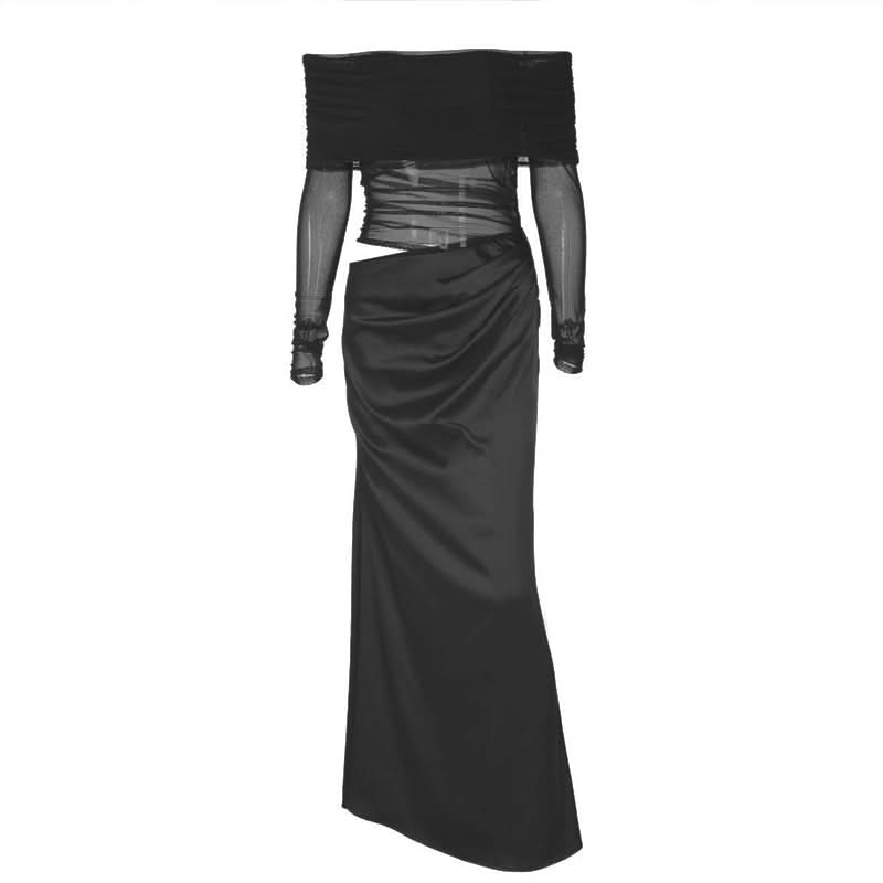 Head-Turning Red Gala Gown: Sheer Mesh Off-Shoulder & Draped Satin Cut-Out Maxi for Fall & Holiday Glam