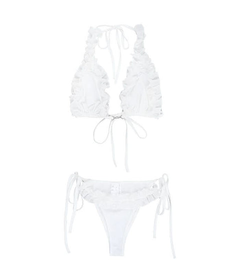 Coastal Chic White Ruffle Halter Tie-Side Bikini Set - Perfect for Your Fall Getaway & Resort Vacations