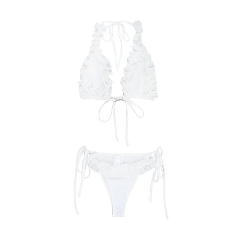 Coastal Chic White Ruffle Halter Tie-Side Bikini Set - Perfect for Your Fall Getaway & Resort Vacations