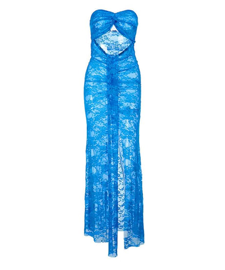 Siren Blue Lace Cut-Out Maxi Dress - Strapless Slit Glam for Nights Out & Resort Vacations