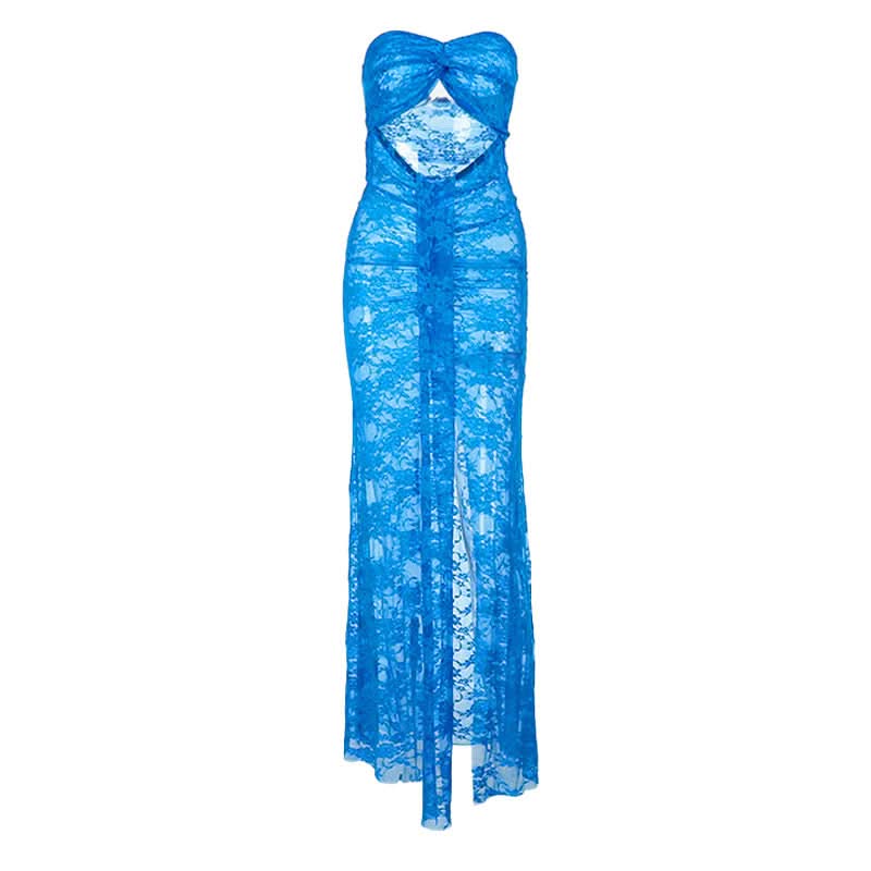 Siren Blue Lace Cut-Out Maxi Dress - Strapless Slit Glam for Nights Out & Resort Vacations