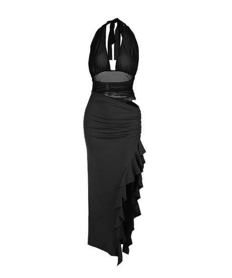 Sienna Olive Halter Mesh Cut-Out Maxi Dress - Chic Ruched Ruffle for Fall & Holiday Events