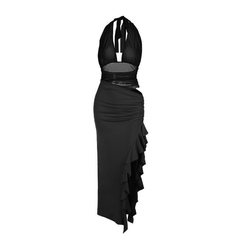 Sienna Olive Halter Mesh Cut-Out Maxi Dress - Chic Ruched Ruffle for Fall & Holiday Events
