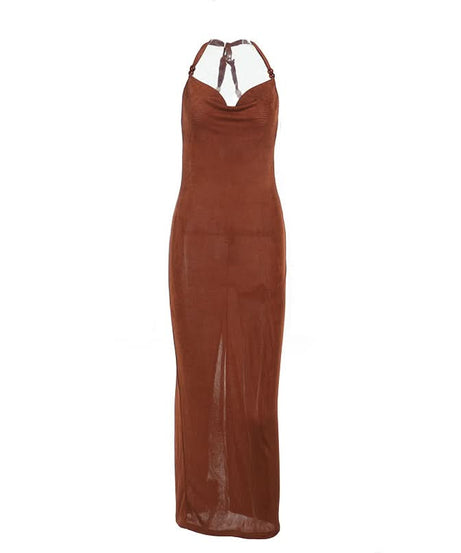 Slinky Cowl Neck Halter Maxi Dress - Beaded Straps & High Slit | Fall & Holiday Party Ready