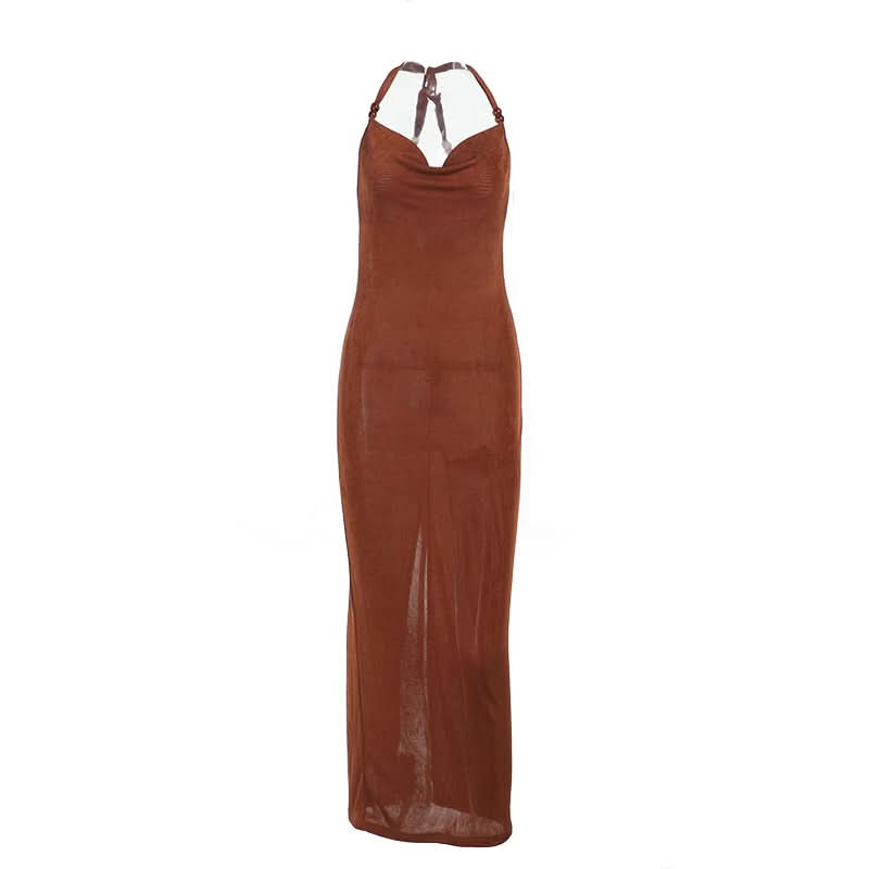 Slinky Cowl Neck Halter Maxi Dress - Beaded Straps & High Slit | Fall & Holiday Party Ready