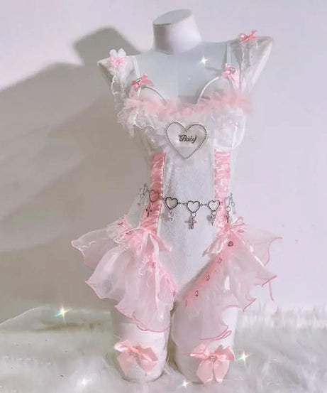 Dreamy Coquette 'Baby' Heart Pink Lace Ruffle Bodysuit - Perfect for Romantic Fall Nights