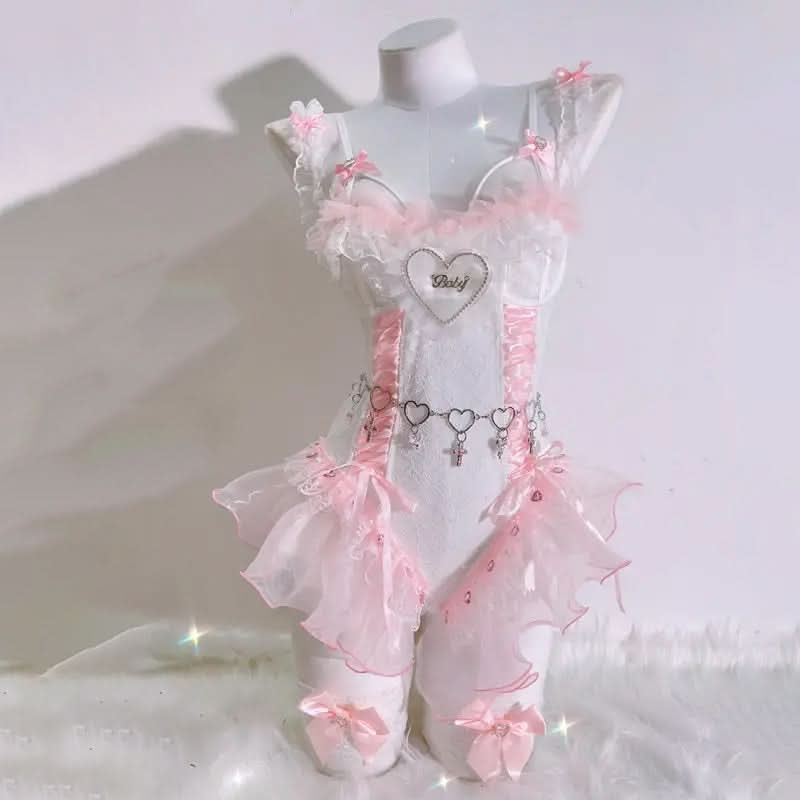 Dreamy Coquette 'Baby' Heart Pink Lace Ruffle Bodysuit - Perfect for Romantic Fall Nights