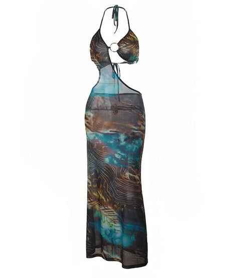 Destination Diva: O-Ring Halter Cut-Out Maxi Dress - Abstract Swirl Print for Resort Glam & Tropical Escapes
