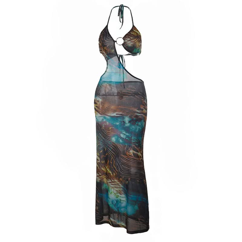 Destination Diva: O-Ring Halter Cut-Out Maxi Dress - Abstract Swirl Print for Resort Glam & Tropical Escapes
