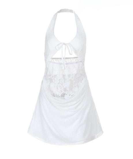 Sultry White Lace Halter Mini Dress with Cutouts – Your Halloween Party & Tropical Getaway Must-Have
