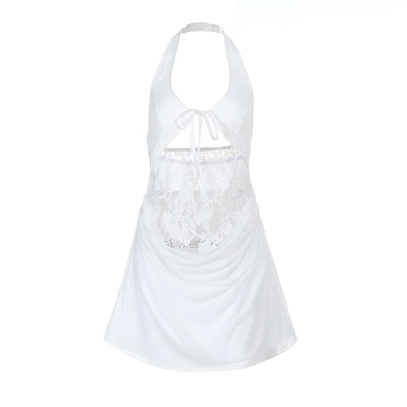 Sultry White Lace Halter Mini Dress with Cutouts – Your Halloween Party & Tropical Getaway Must-Have