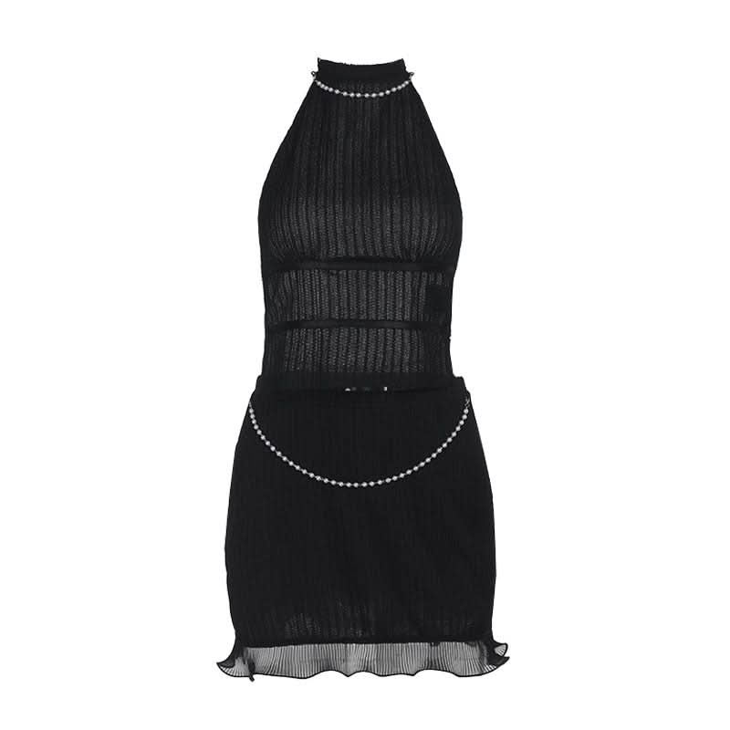 Trendy Black Ribbed Halter Mini Skirt Set with Dazzling Pearl Accents - Fall Night Out & Halloween Party Ready