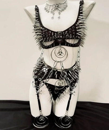 Unleash Your Dark Siren: Spiked & Chained Gothic Lingerie Set - Halloween & Festival Ready