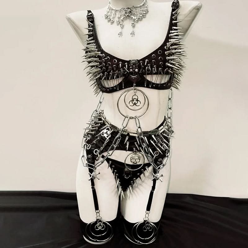 Unleash Your Dark Siren: Spiked & Chained Gothic Lingerie Set - Halloween & Festival Ready