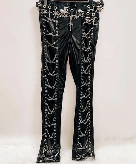 Women's Rebel Chain & Spike Faux Leather Pants - Edgy Goth Clubwear for Spooky Season