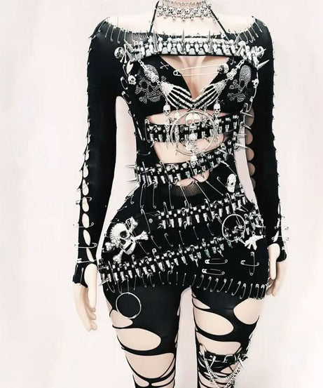 Unleash Your Edge: Spiked Skull Cutout Jumpsuit - Perfect for Halloween, Concerts & Clubs