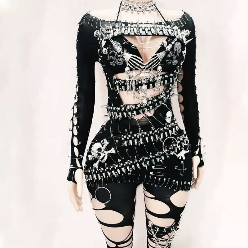 Unleash Your Edge: Spiked Skull Cutout Jumpsuit - Perfect for Halloween, Concerts & Clubs
