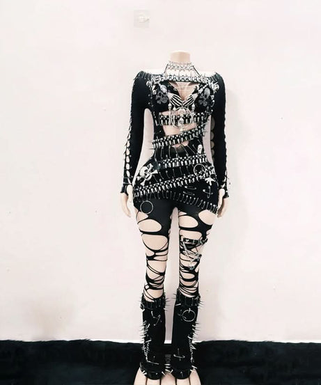 Unleash Your Edge: Spiked Skull Cutout Jumpsuit - Perfect for Halloween, Concerts & Clubs