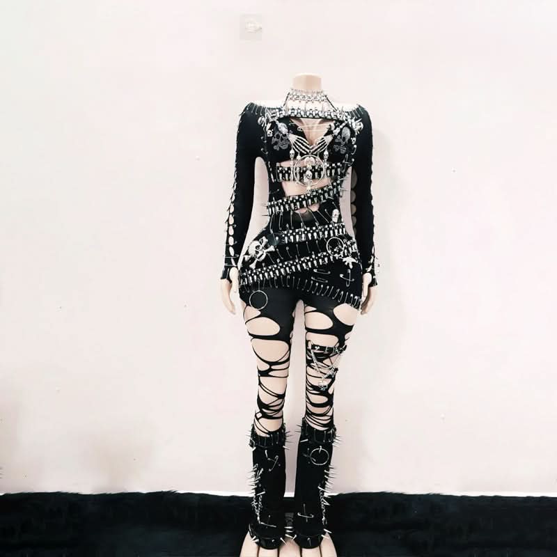 Unleash Your Edge: Spiked Skull Cutout Jumpsuit - Perfect for Halloween, Concerts & Clubs