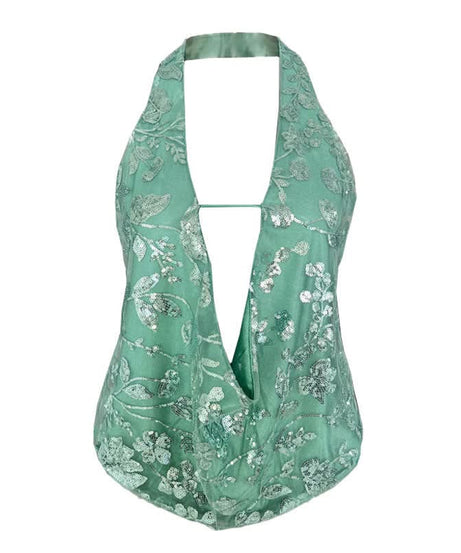 Dazzling Gold Sequin Halter Top - Backless V-Neck for Holiday & NYE Glam